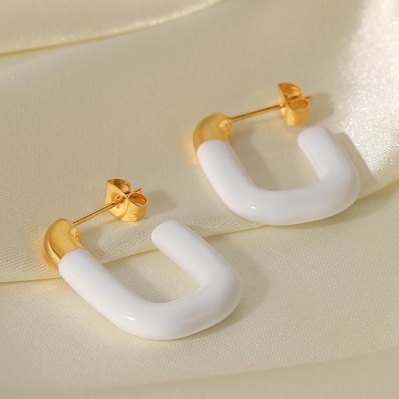 Vintage Hand Dipped White U-shaped Open Earrings 18k Gold Plated Stainless Steel - Picture 5 of 8